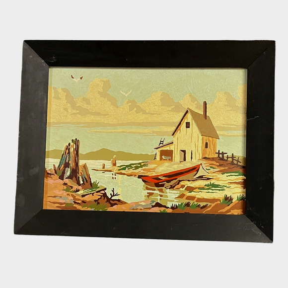 Paint By Numbers Boat and Beach Vintage Framed No Glass 50s 60s Retro Kitsch Art - Picture 1 of 16